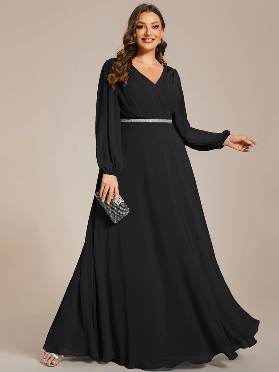 Clara | Plus Size A-Line V-Neck See-Through Long Sleeves Shiny Belt Chiffon Evening Dress