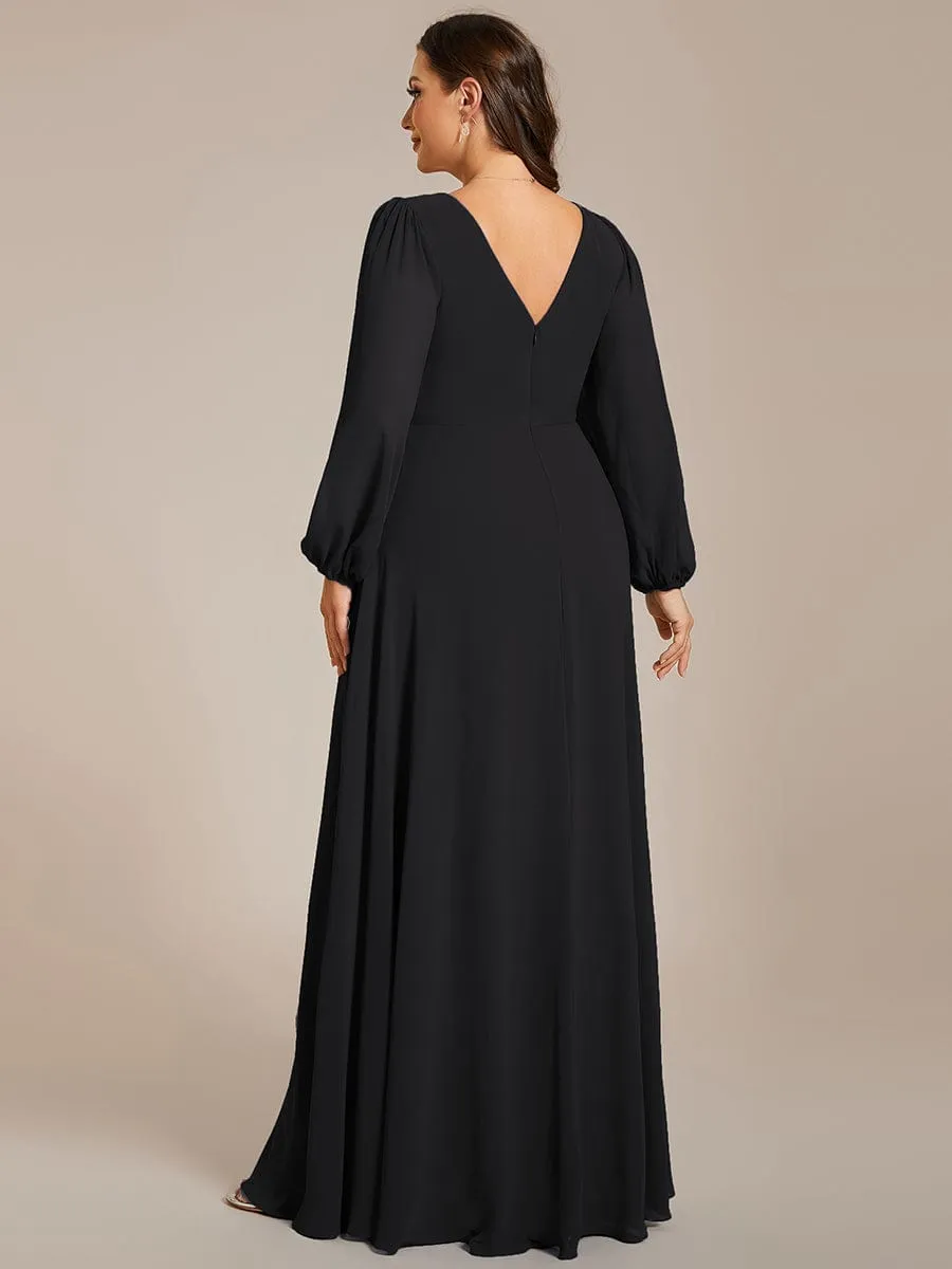 Clara | Plus Size A-Line V-Neck See-Through Long Sleeves Shiny Belt Chiffon Evening Dress