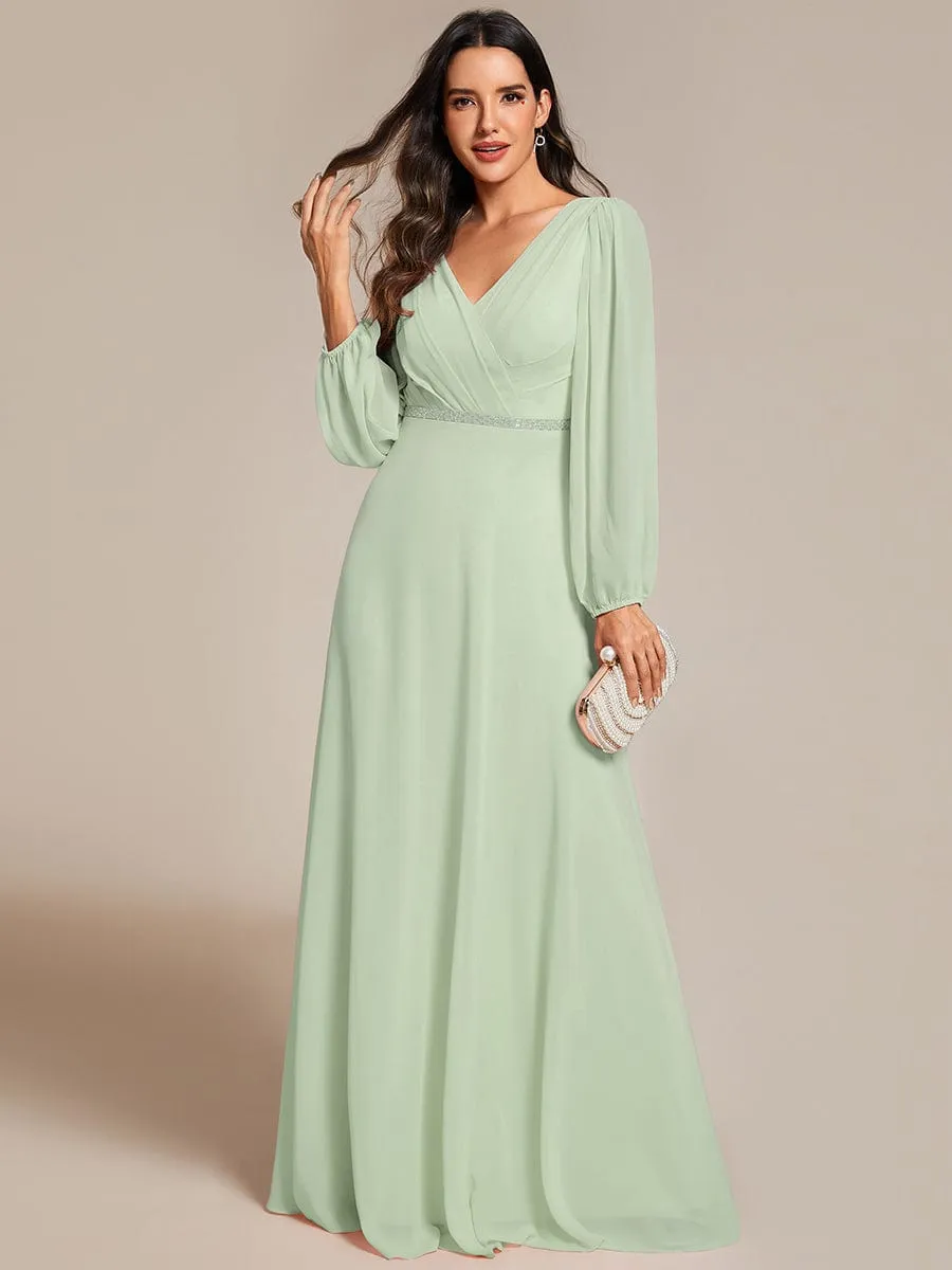 Clara | Plus Size A-Line V-Neck See-Through Long Sleeves Shiny Belt Chiffon Evening Dress