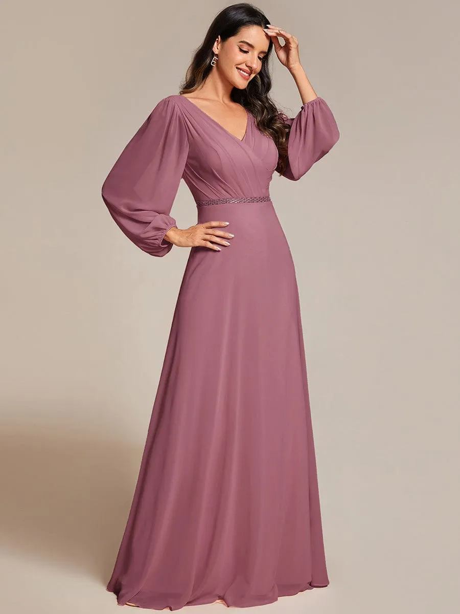 Clara | Plus Size A-Line V-Neck See-Through Long Sleeves Shiny Belt Chiffon Evening Dress