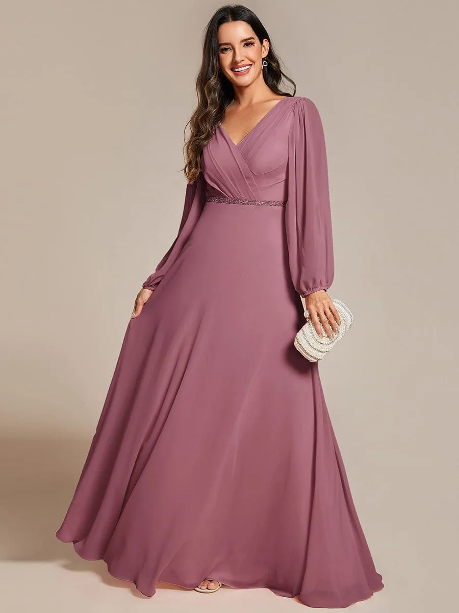 Clara | Plus Size A-Line V-Neck See-Through Long Sleeves Shiny Belt Chiffon Evening Dress