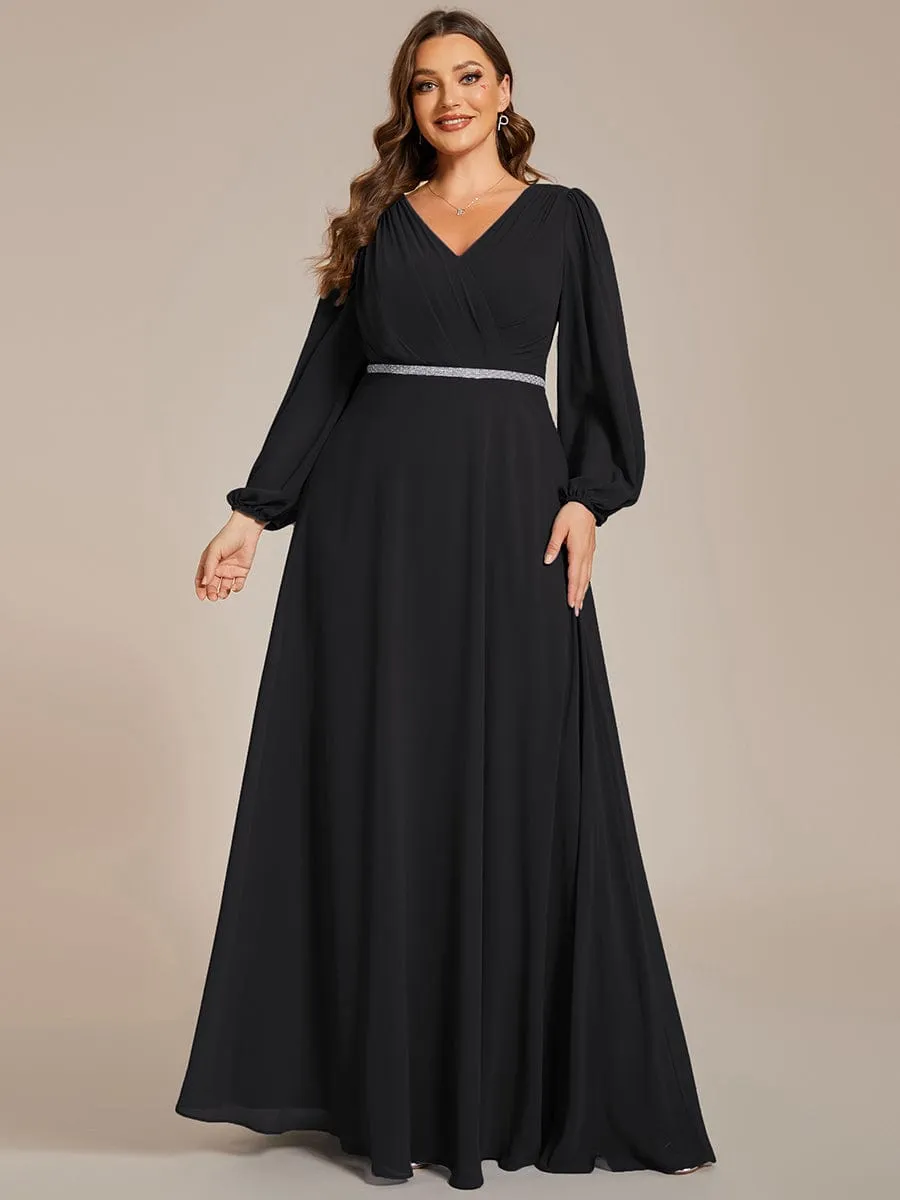 Clara | Plus Size A-Line V-Neck See-Through Long Sleeves Shiny Belt Chiffon Evening Dress