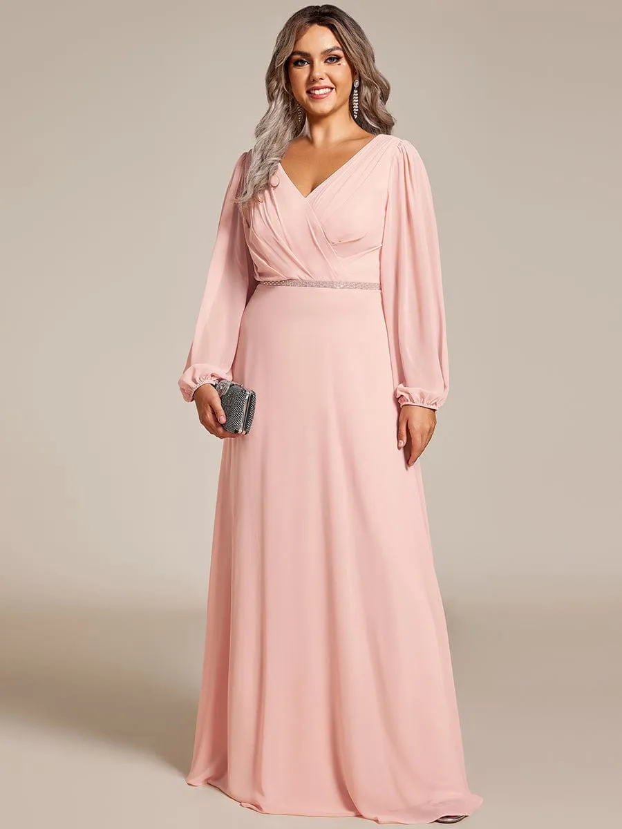 Clara | Plus Size A-Line V-Neck See-Through Long Sleeves Shiny Belt Chiffon Evening Dress