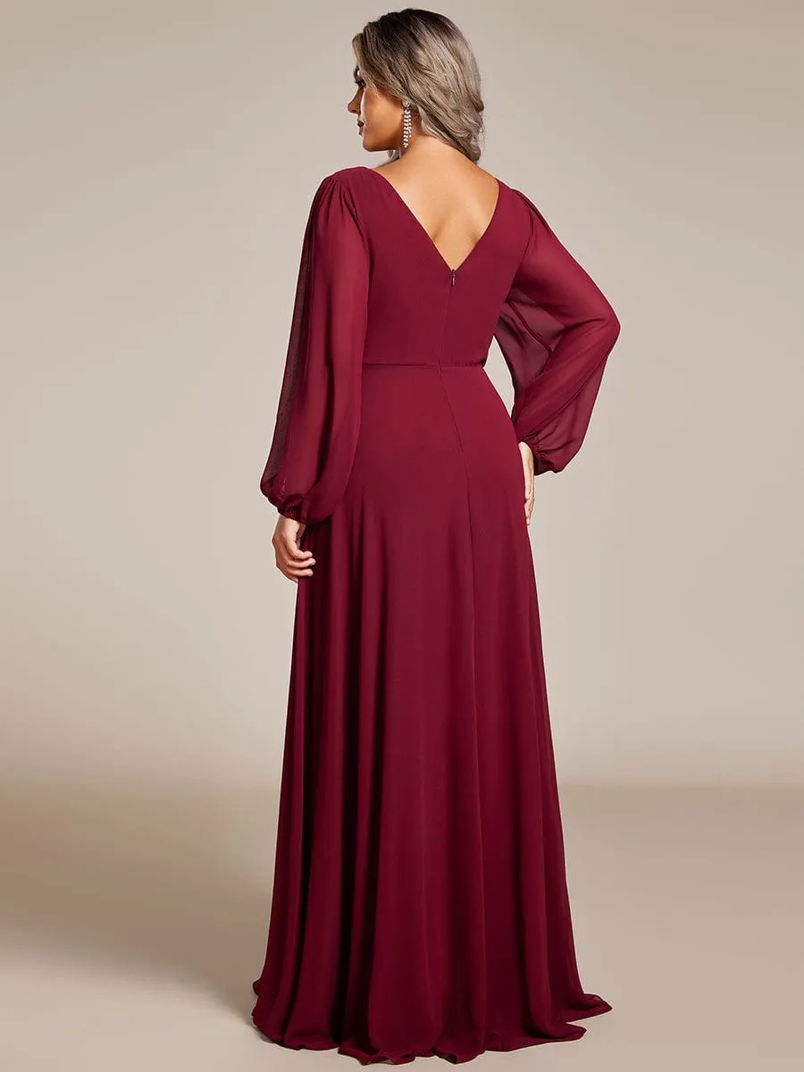 Clara | Plus Size A-Line V-Neck See-Through Long Sleeves Shiny Belt Chiffon Evening Dress