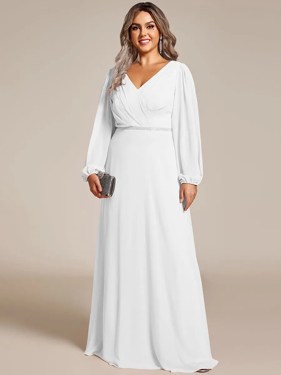 Clara | Plus Size A-Line V-Neck See-Through Long Sleeves Shiny Belt Chiffon Evening Dress