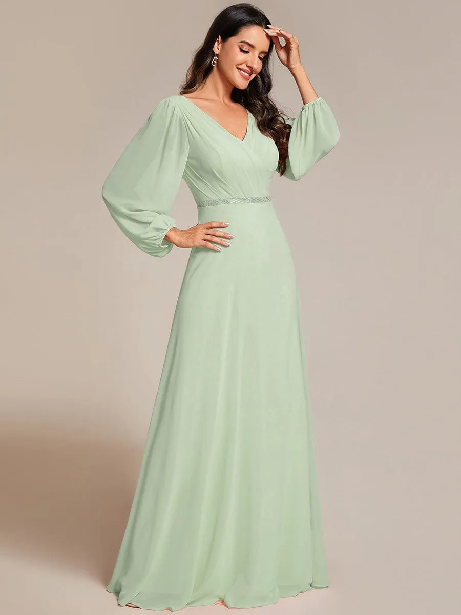 Clara | Plus Size A-Line V-Neck See-Through Long Sleeves Shiny Belt Chiffon Evening Dress