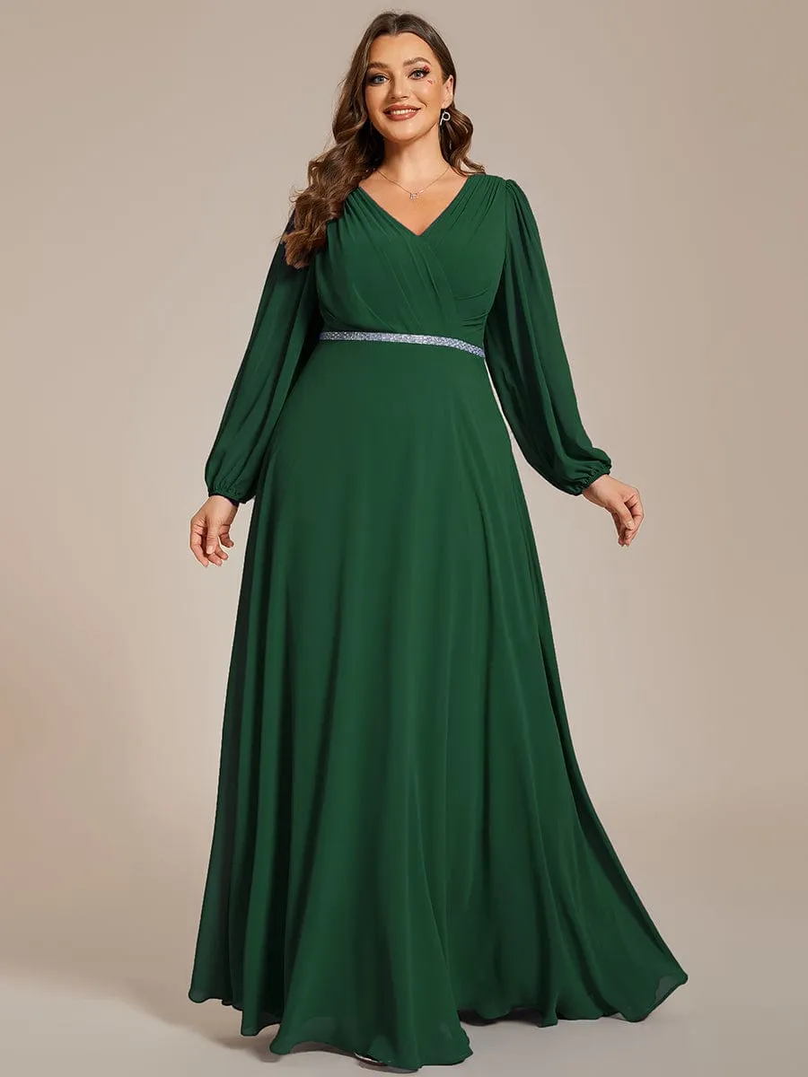 Clara | Plus Size A-Line V-Neck See-Through Long Sleeves Shiny Belt Chiffon Evening Dress