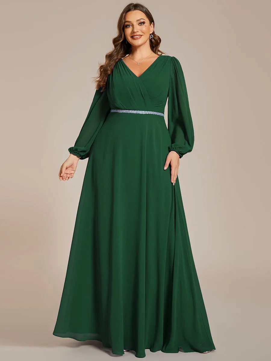 Clara | Plus Size A-Line V-Neck See-Through Long Sleeves Shiny Belt Chiffon Evening Dress