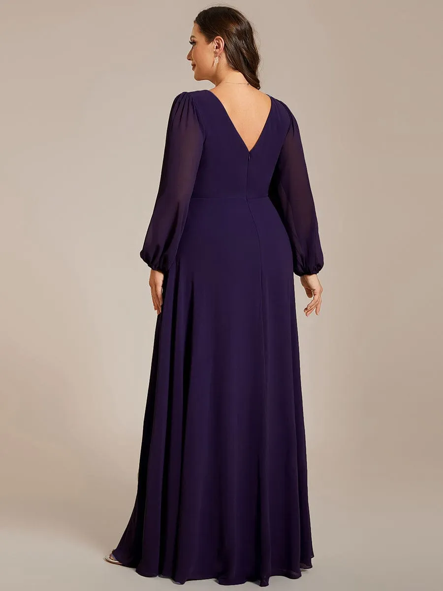 Clara | Plus Size A-Line V-Neck See-Through Long Sleeves Shiny Belt Chiffon Evening Dress