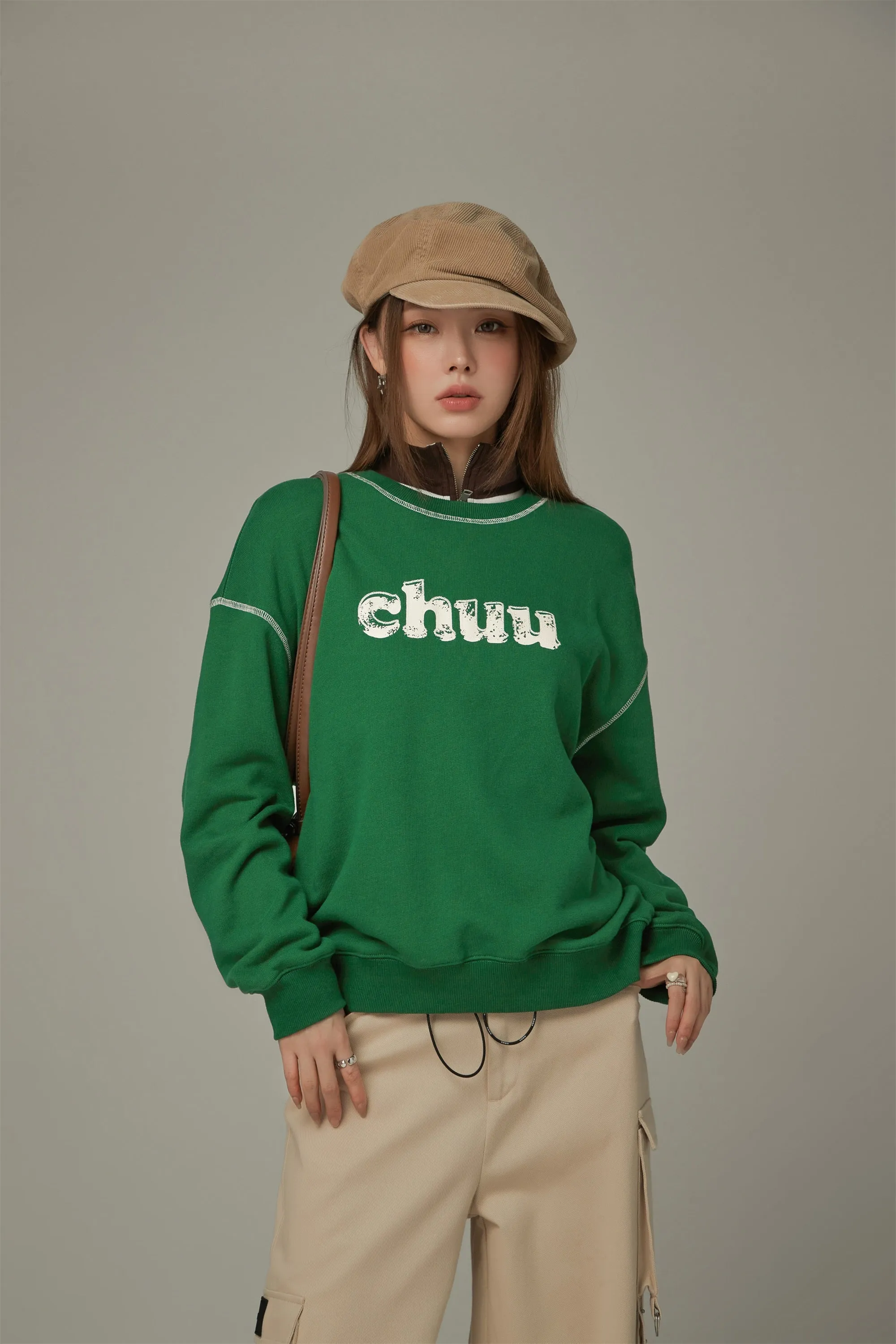 Color Logo Stitch Loose Fit Sweatshirt