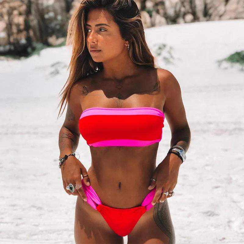 Colorblock Strappy Thong Bottom Tube Bikinis