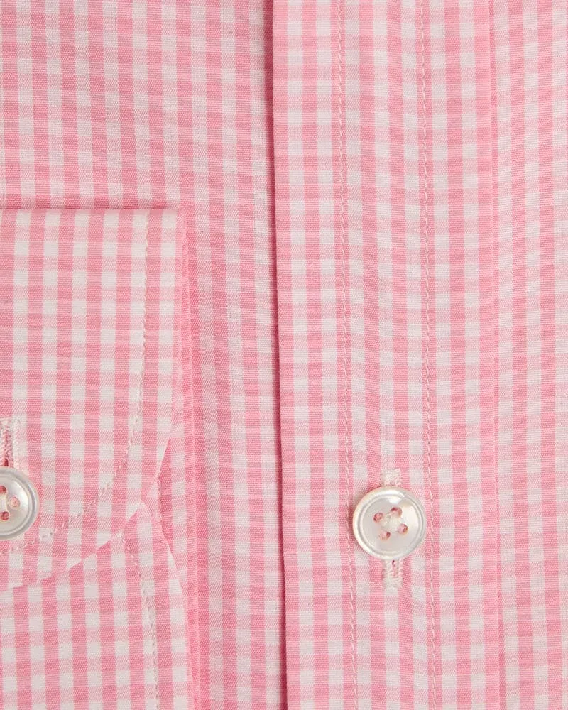 Contemporary Fit, Button Down Collar, 2 Button Cuff Shirt In Pink Gingham Check