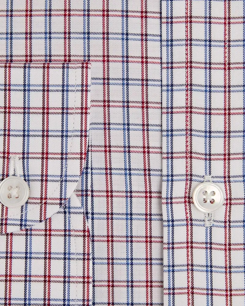 Contemporary Fit, Button Down Collar, Two Button Cuff Shirt In White With Red & Blue Line Overcheck