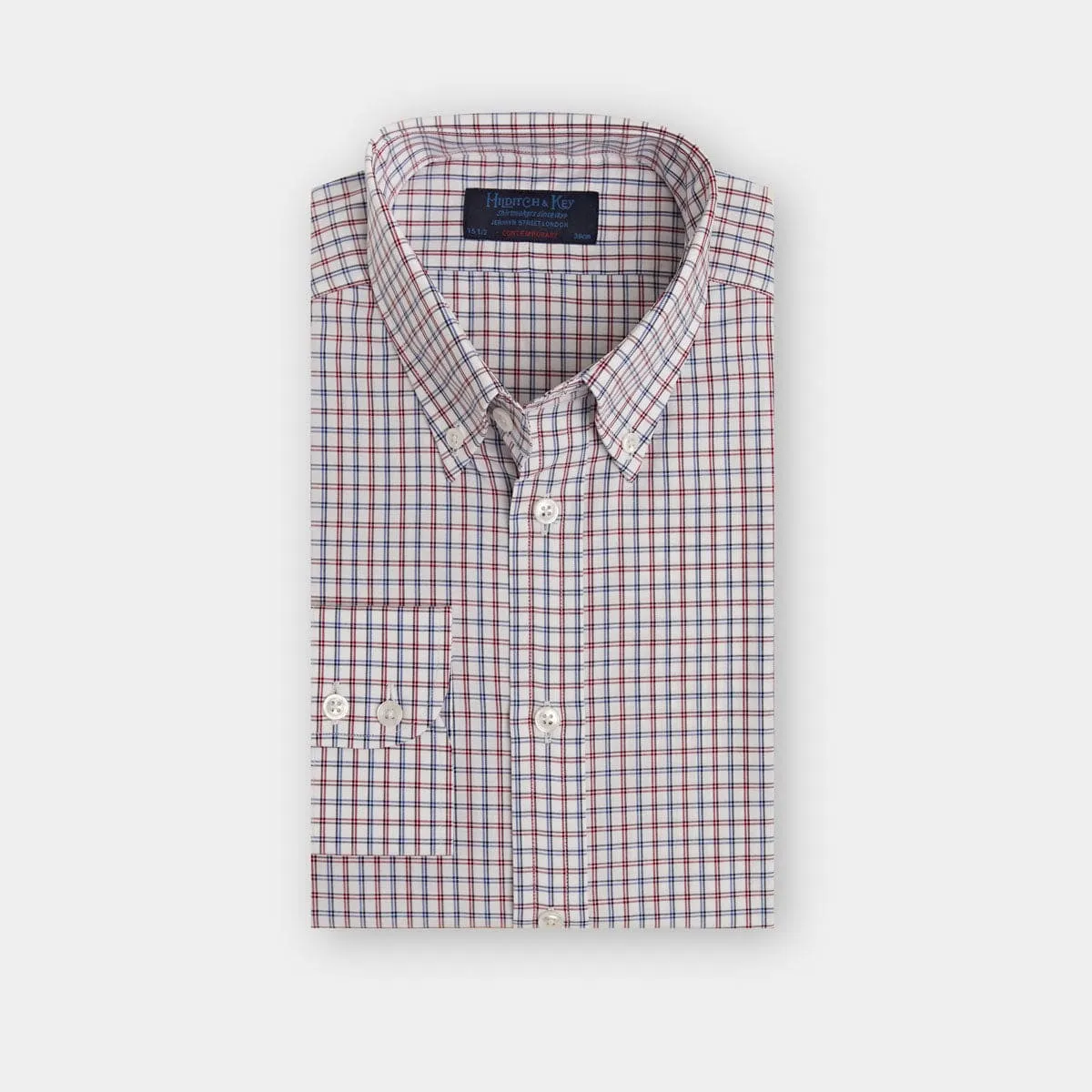 Contemporary Fit, Button Down Collar, Two Button Cuff Shirt In White With Red & Blue Line Overcheck