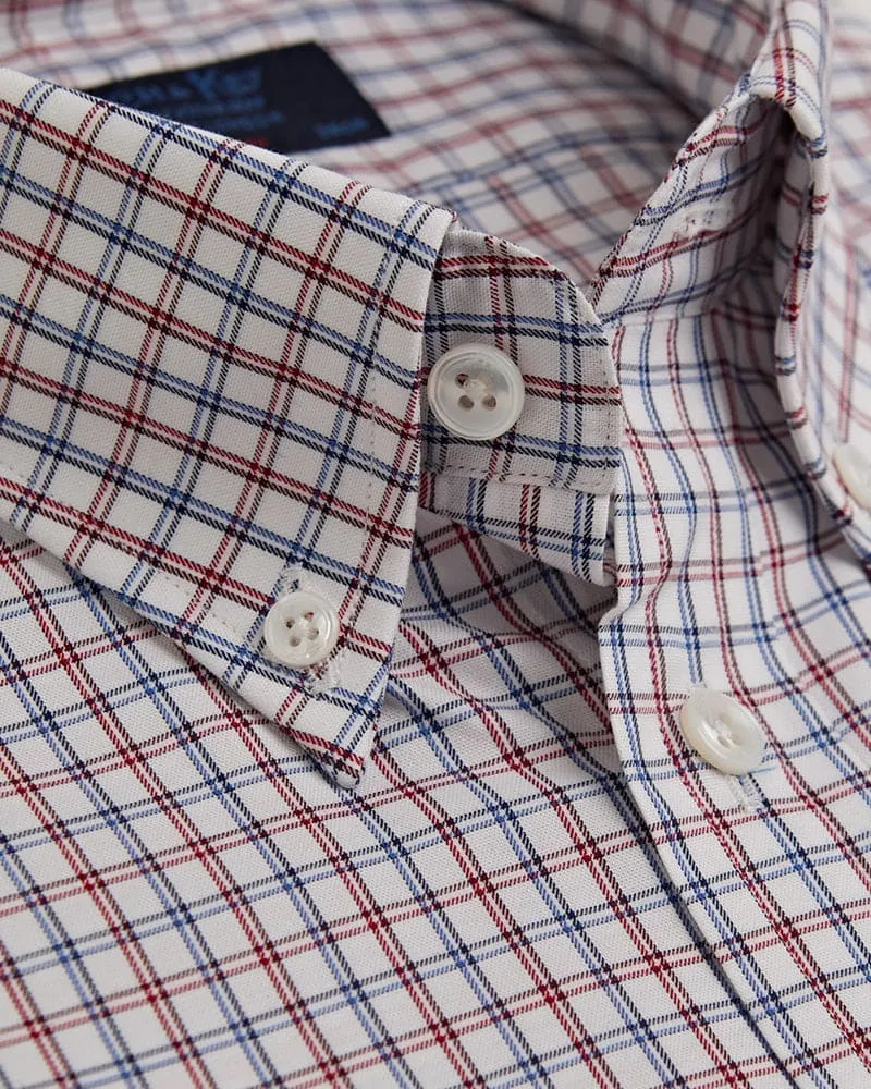 Contemporary Fit, Button Down Collar, Two Button Cuff Shirt In White With Red & Blue Line Overcheck