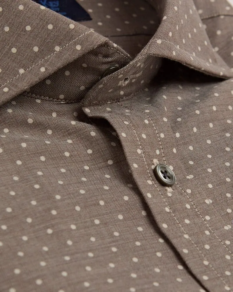 Contemporary Fit, Cut-away Collar, 2 Button Cuff Shirt in a Brown & Beige Spot Herringbone Cotton