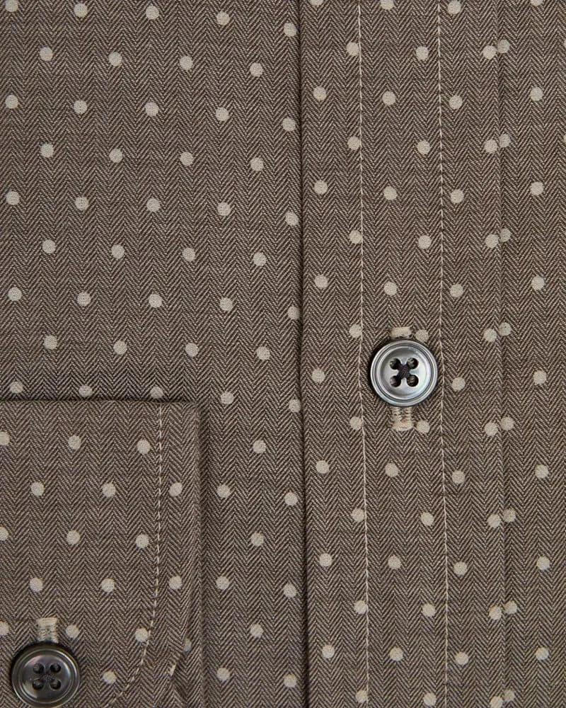 Contemporary Fit, Cut-away Collar, 2 Button Cuff Shirt in a Brown & Beige Spot Herringbone Cotton