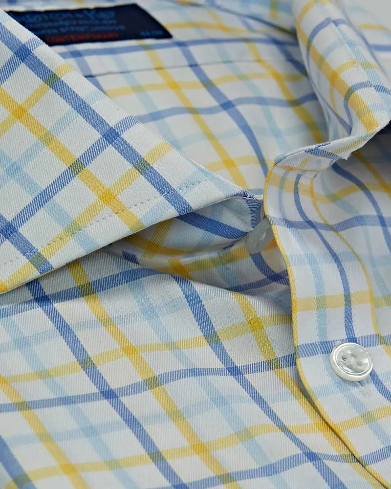 Contemporary Fit, Cut-away Collar, 2 Button Cuff Shirt in a Yellow, Blue & White Overcheck Twill Cotton