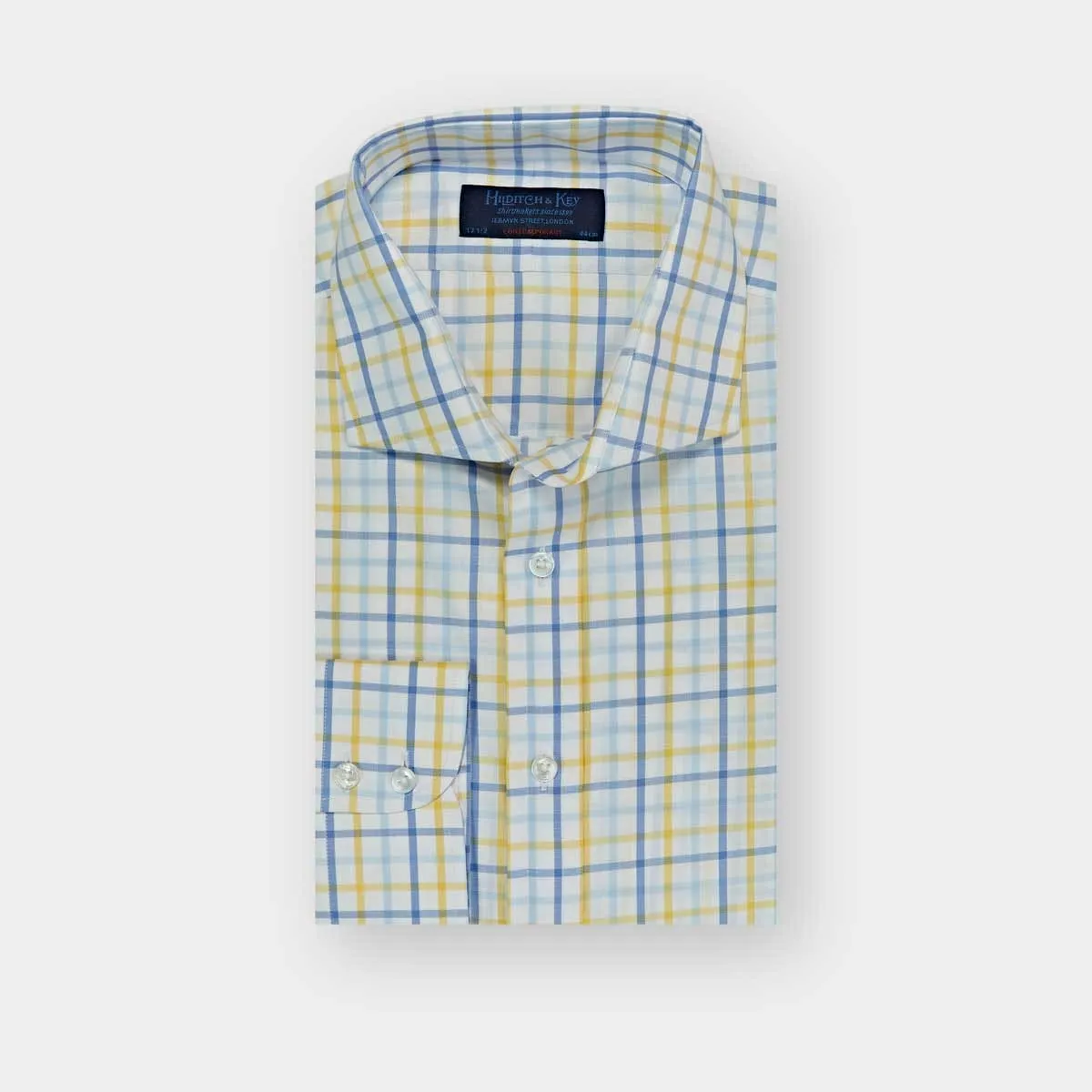 Contemporary Fit, Cut-away Collar, 2 Button Cuff Shirt in a Yellow, Blue & White Overcheck Twill Cotton