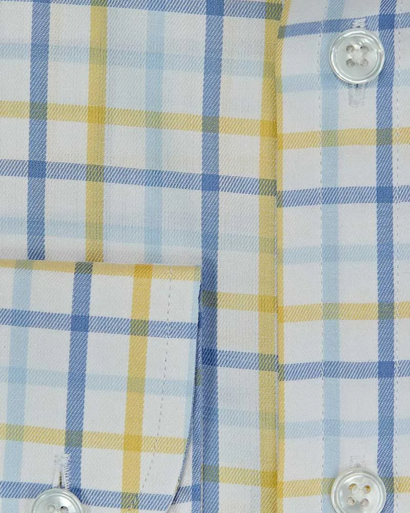 Contemporary Fit, Cut-away Collar, 2 Button Cuff Shirt in a Yellow, Blue & White Overcheck Twill Cotton