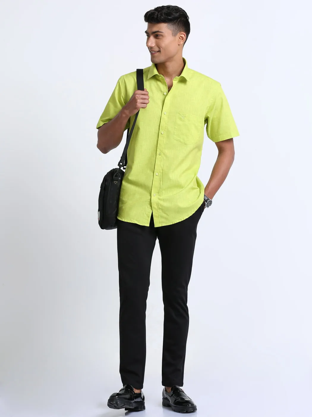 Cotton Linen Lime Green Colour Shirt Half Sleeve