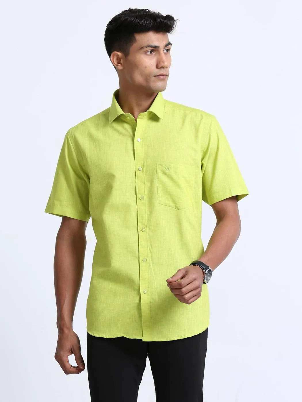 Cotton Linen Lime Green Colour Shirt Half Sleeve