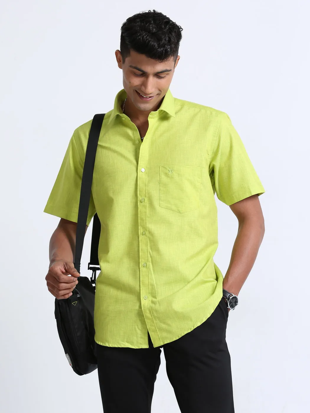 Cotton Linen Lime Green Colour Shirt Half Sleeve