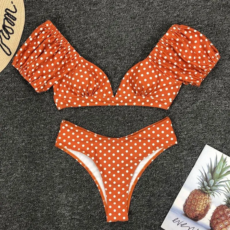 Cute Dot Puff Sleeve Mid Rise Thong Bottom Bikinis