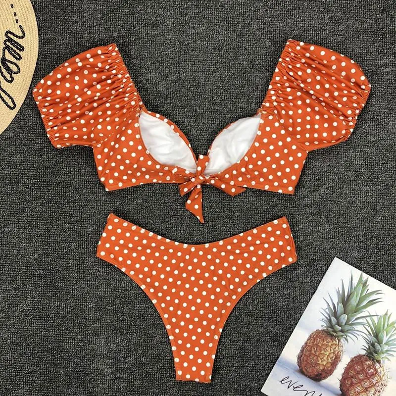 Cute Dot Puff Sleeve Mid Rise Thong Bottom Bikinis