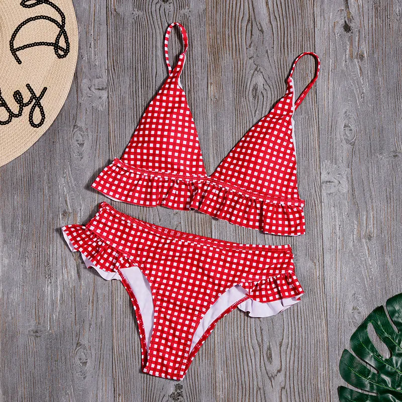 Cute Flapper Plaid High Rise Triangle Bikinis