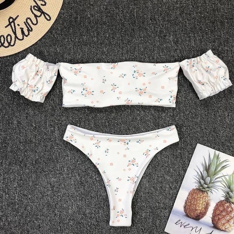 Cute Off Shoulder Print High Rise Thong Bottom Bikinis