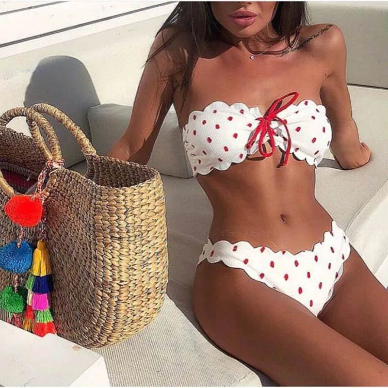 Cute Strappy Dot Low Rise Thong Bottom Tube Bikinis