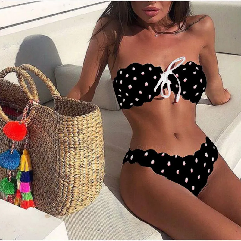 Cute Strappy Dot Low Rise Thong Bottom Tube Bikinis