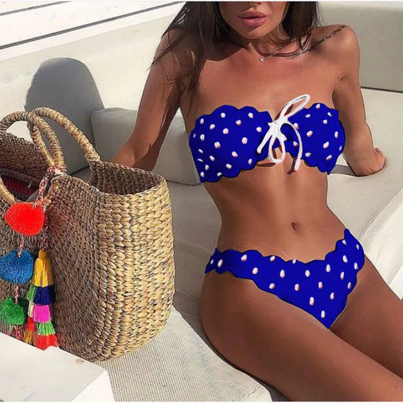 Cute Strappy Dot Low Rise Thong Bottom Tube Bikinis