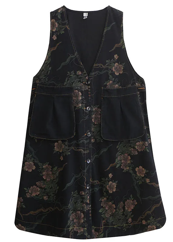 Fitted Black V Neck Button Pockets Print Fall Sleeveless Vest