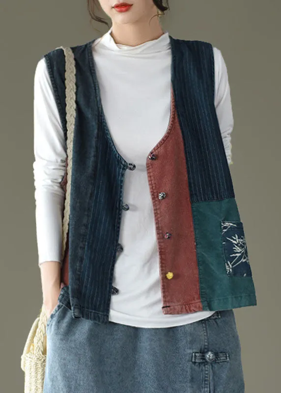 Fitted V Neck Button Patchwork denim Tanks Sleeveless