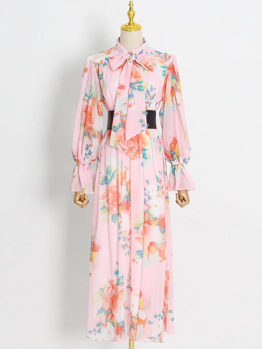 Floral Collared Bow Tie Midi Dress