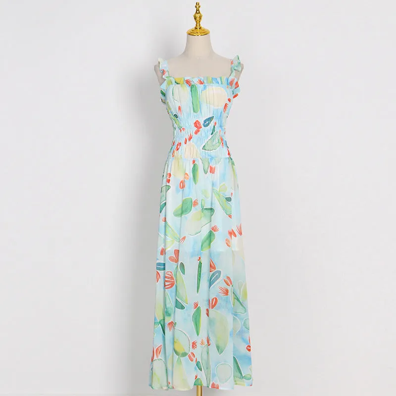 Floral Print Spaghetti Strap Smocked Maxi Dress