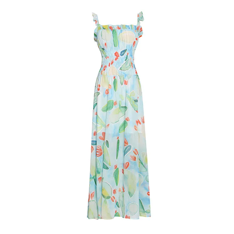 Floral Print Spaghetti Strap Smocked Maxi Dress