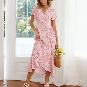 Floral Print V-Neck Short Sleeve Ruffled Long Wrap Dress Wholesale Dresses