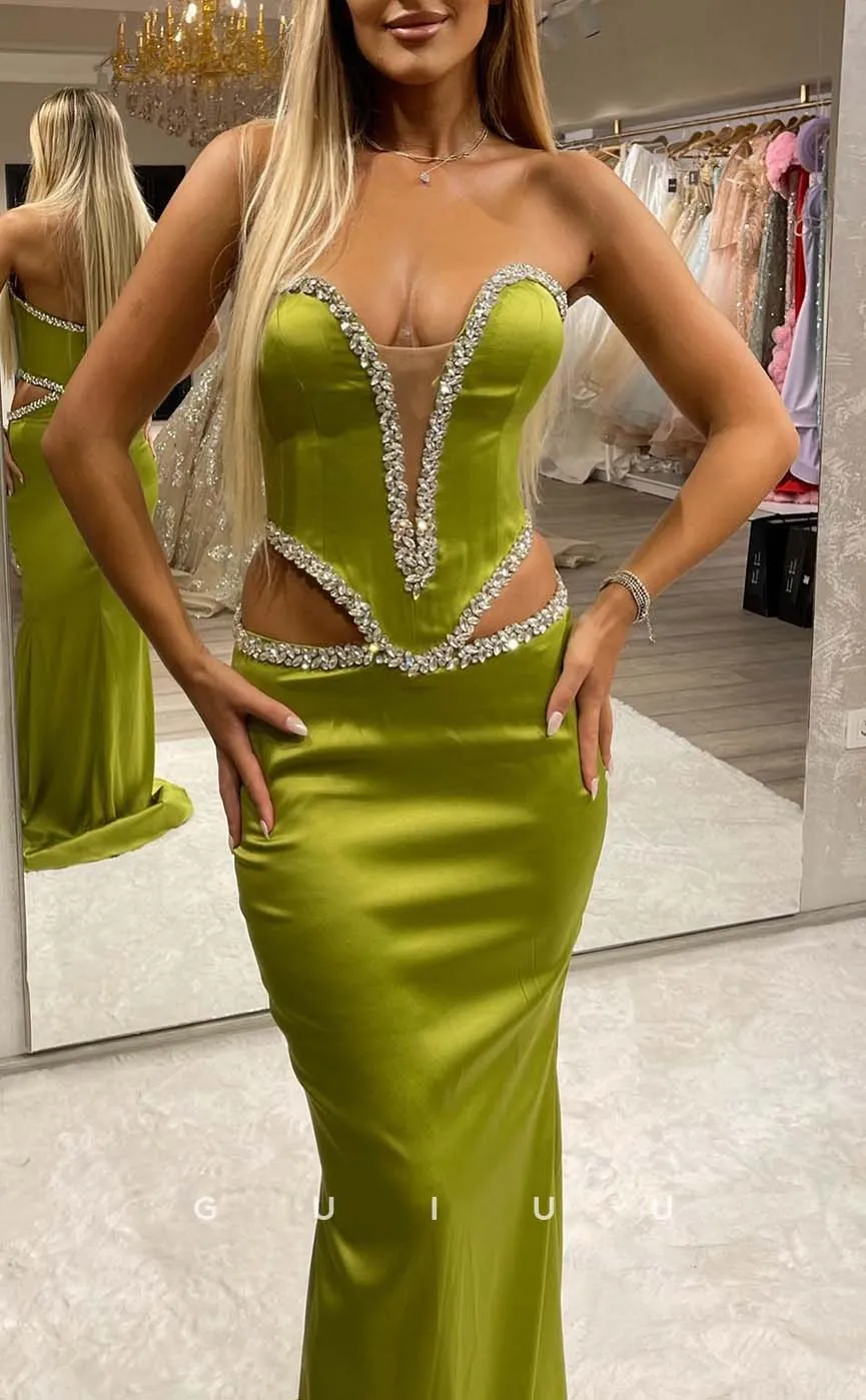 G3288 - Sexy & Sheath V-Neck Strapless Beaded Green Long Party Prom Evening Dresses