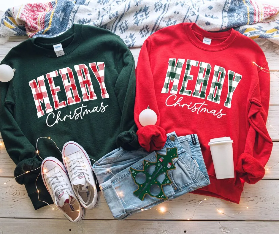 Green & White Plaid Merry Christmas RED Sweatshirt or Tshirt (FINAL SALE)