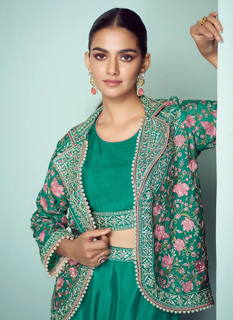 Green Multi Floral Embroidery Blazer Co-Ord Set