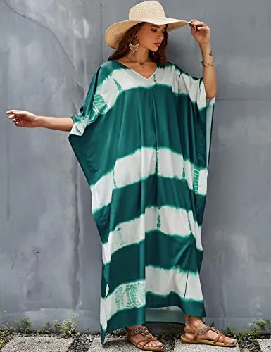 Green V-Neck Print Beach Caftan: Women's Stylish Swimsuit Cover-Up