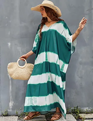 Green V-Neck Print Beach Caftan: Women's Stylish Swimsuit Cover-Up