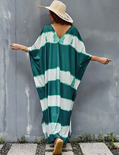 Green V-Neck Print Beach Caftan: Women's Stylish Swimsuit Cover-Up