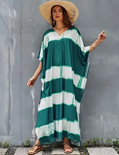 Green V-Neck Print Beach Caftan: Women's Stylish Swimsuit Cover-Up