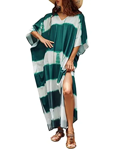 Green V-Neck Print Beach Caftan: Women's Stylish Swimsuit Cover-Up