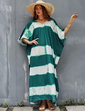 Green V-Neck Print Beach Caftan: Women's Stylish Swimsuit Cover-Up