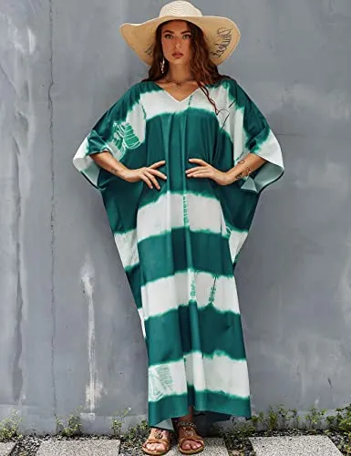 Green V-Neck Print Beach Caftan: Women's Stylish Swimsuit Cover-Up